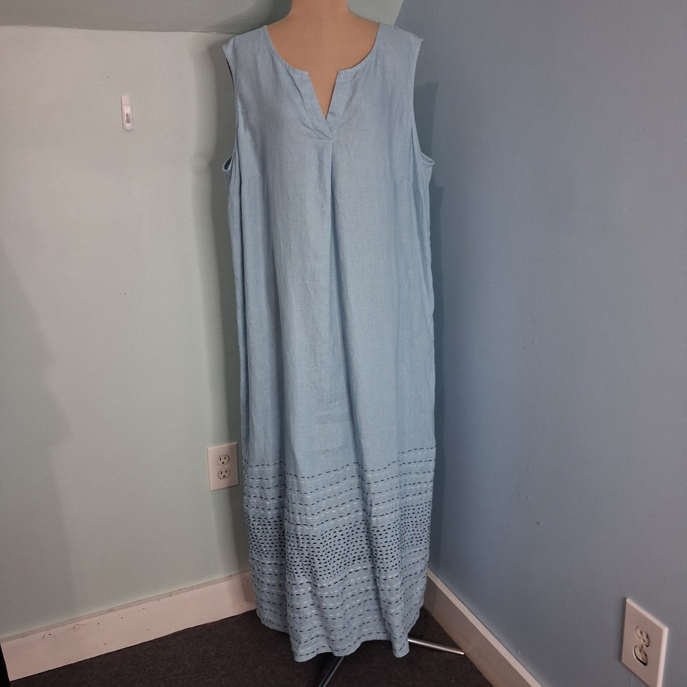 Pure Jill Linen Maxi Dress Light Blue Embroidered V-Neck Sleeveless L XL